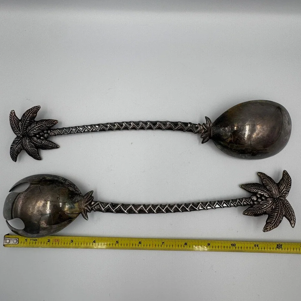 Vintage Palm Tree Salad Serving Set Silver Tone Tropical Coastal Tiki